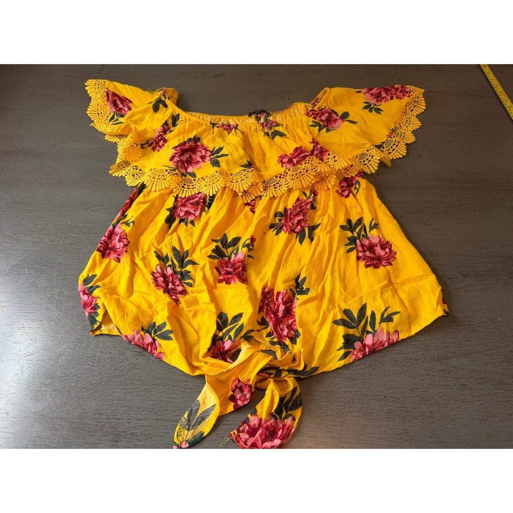 Paper Tee Yellow Floral Off Shoulder Ruffle Lace Tie Front Top 1X Rayon Boho